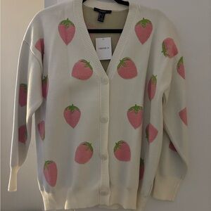 Forever 21 White Cardigan with Pink Strawberry Pattern